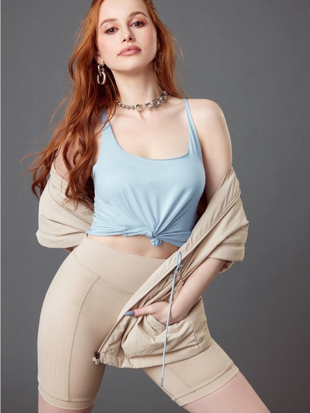 Fabletics x Madelaine Petsch - Cream Quilted Side-Panel High-Waist Bike Shorts